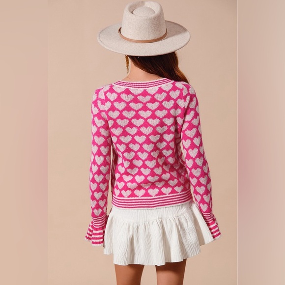 Pink heart button intarsia bohemian valentine ruffle sleeve cardigan sweater - Picture 7 of 9